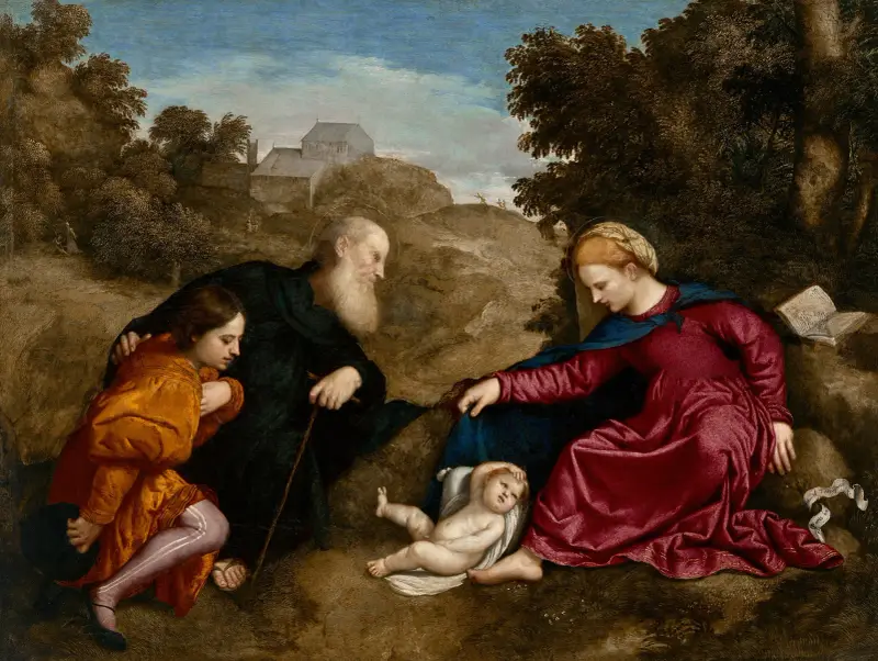 The Madonna and Child with Saint Anthony Abbot and young male donor av Paris Bordone