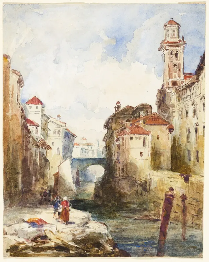 Fransk stad, byggnader och flod av Richard Parkes Bonington