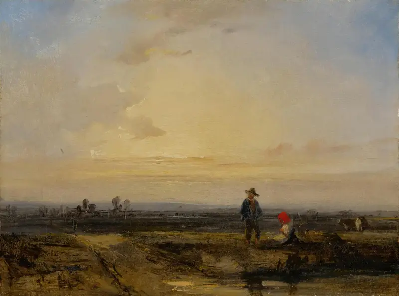 Landskap med solnedgång och figurer vid en damm av Richard Parkes Bonington