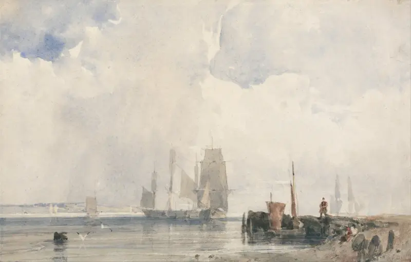Shipping in an Estuary, Probably near Quilleboeuf av Richard Parkes Bonington