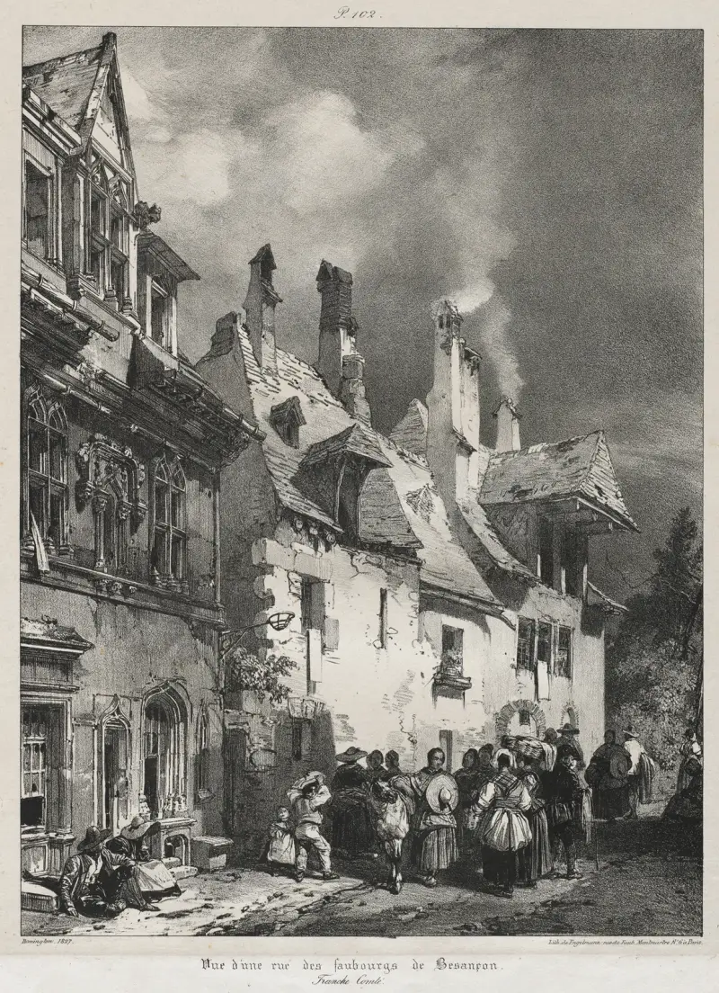 Vue d’une rue des faubourgs de Besançon av Richard Parkes Bonington