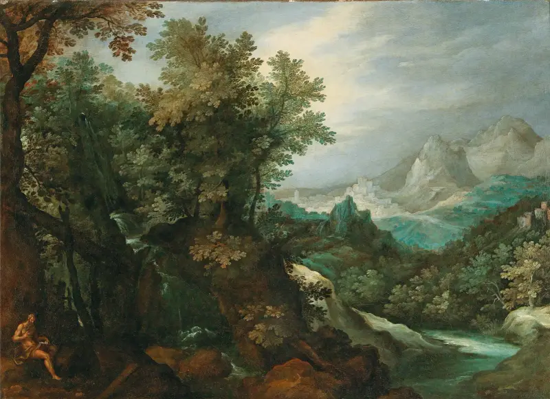A mountainous river landscape with a hermit av Paul Bril
