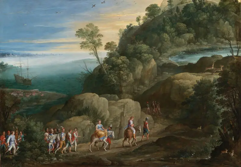 An Extensive Landscape With Scenes From The Historiae Aethiopica av Paul Bril