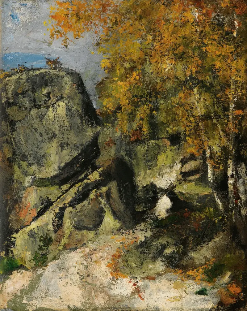 Rochers Dans La Fôret, Fontainebleau av Paul Cézanne