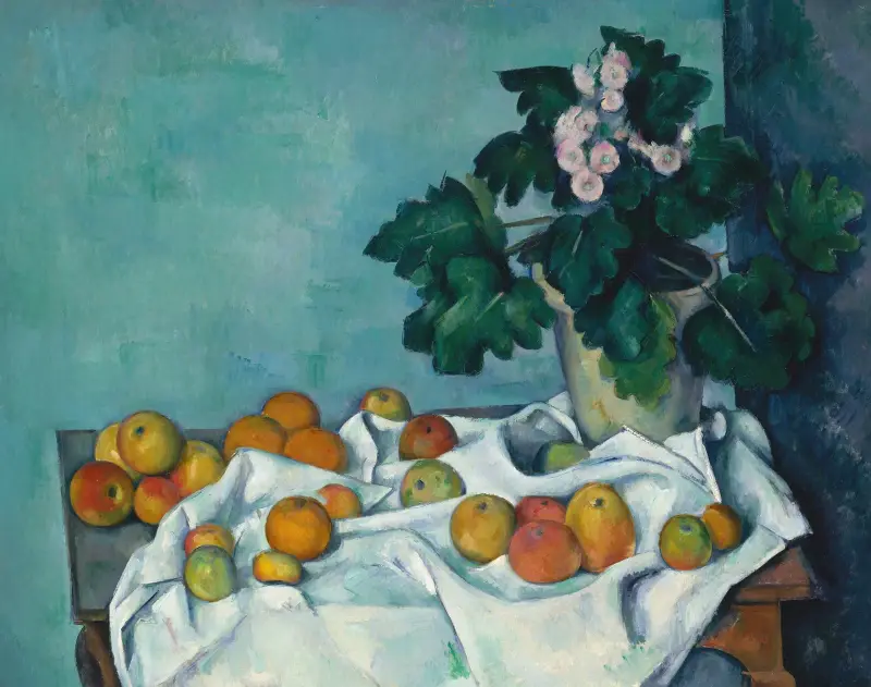 Still Life with Apples and a Pot of Primroses av Paul Cézanne