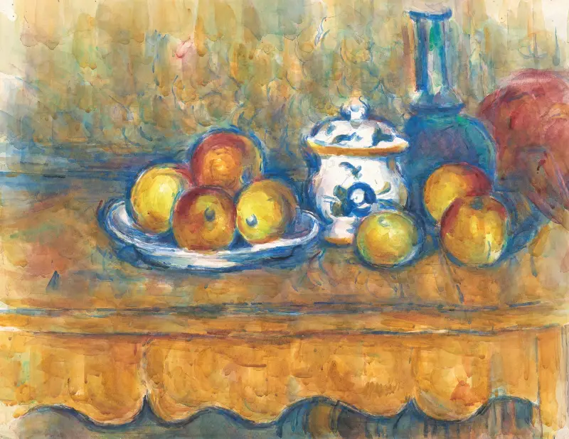 Stillleben mit blauer Flasche, Zuckerdose und Äpfeln av Paul Cézanne