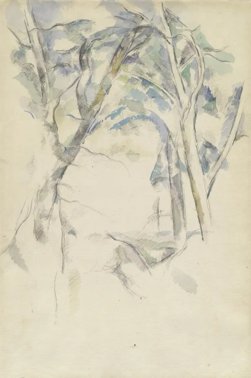 Stromy nakloněné nad skalami, Paul Cézanne
