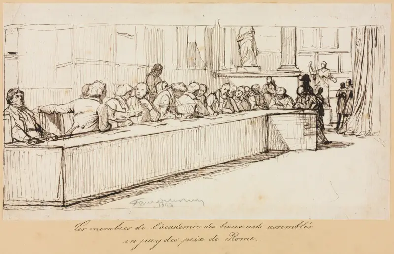 The Members of the Academy of Beaux-Arts Assembled to Jury the Rome Prize av Paul Delaroche