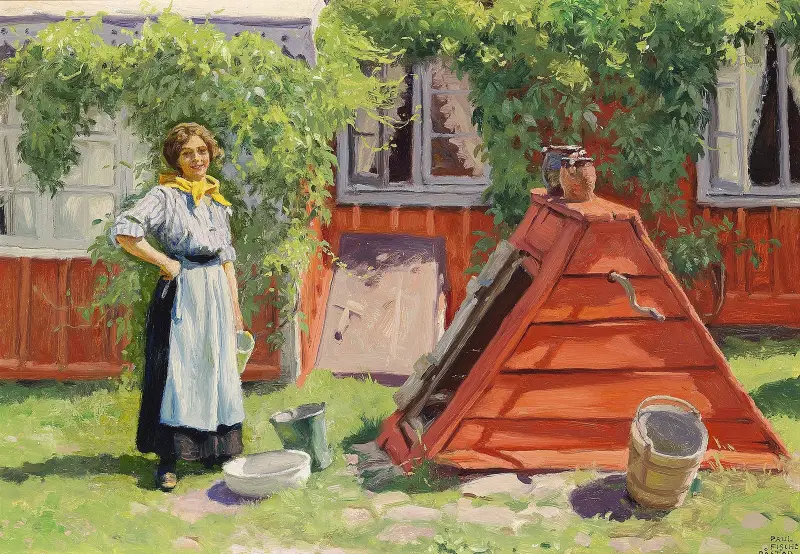 Flicka vid en brunn utanför ett rödmålat svenskt trähus av Paul Fischer