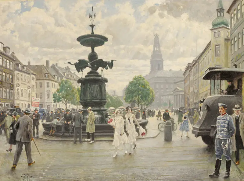The Bustling Amager Square, Cophenhagen av Paul Fischer