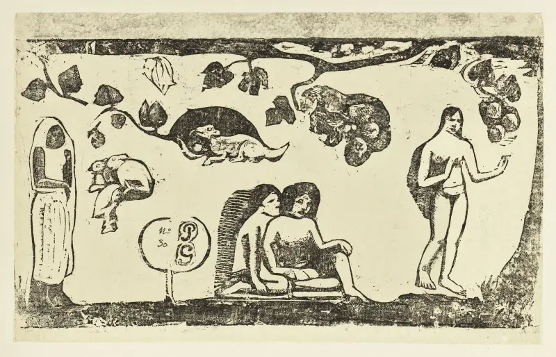 Femmes, animaux et feuillage av Paul Gauguin