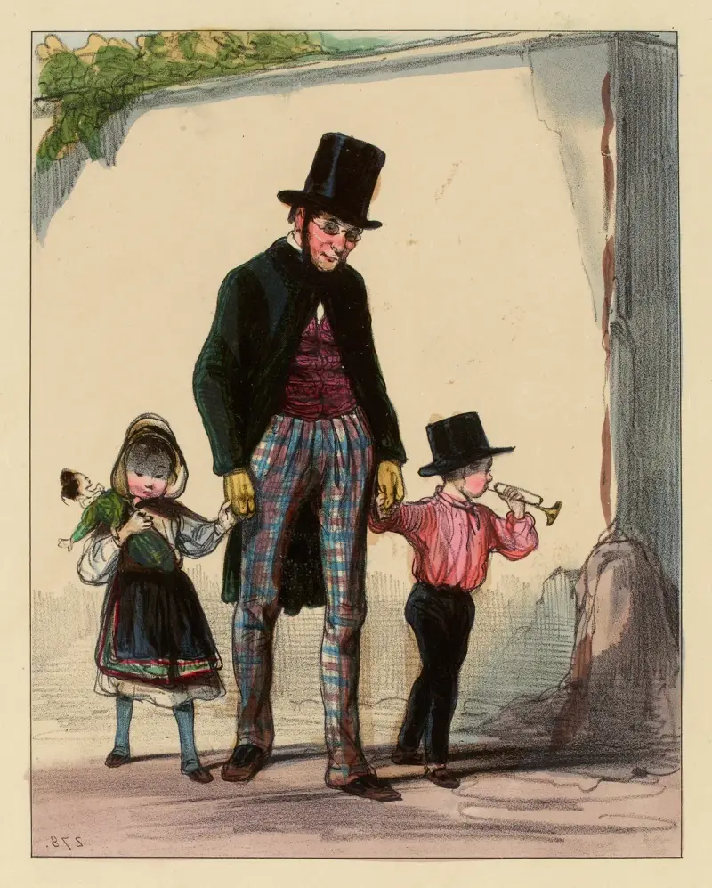 C’est bien drôle que ma femme devait diner chez Maman Coquardeau et que je n’y trouve que les petits. c’est bien drô av Paul Gavarni