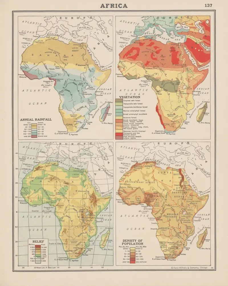 Afrika; Årlig nederbörd, vegetation, lättnad, befolkningstäthet av John Paul Goode
