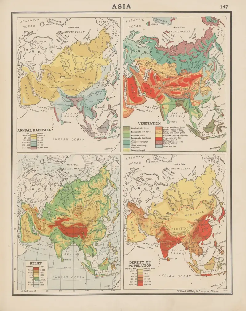 Asia; Annual Rainfall, Vegetation, Land Relief, Density of Population av John Paul Goode