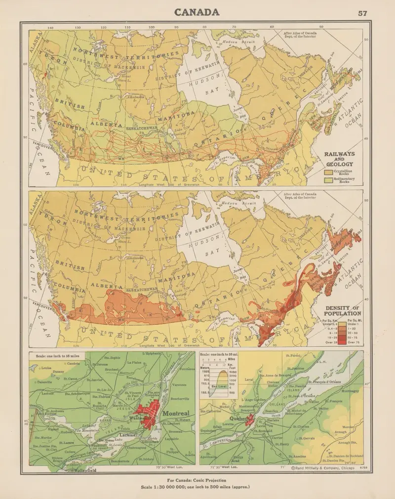 Canada; Railways and Geology, Density of Population av John Paul Goode