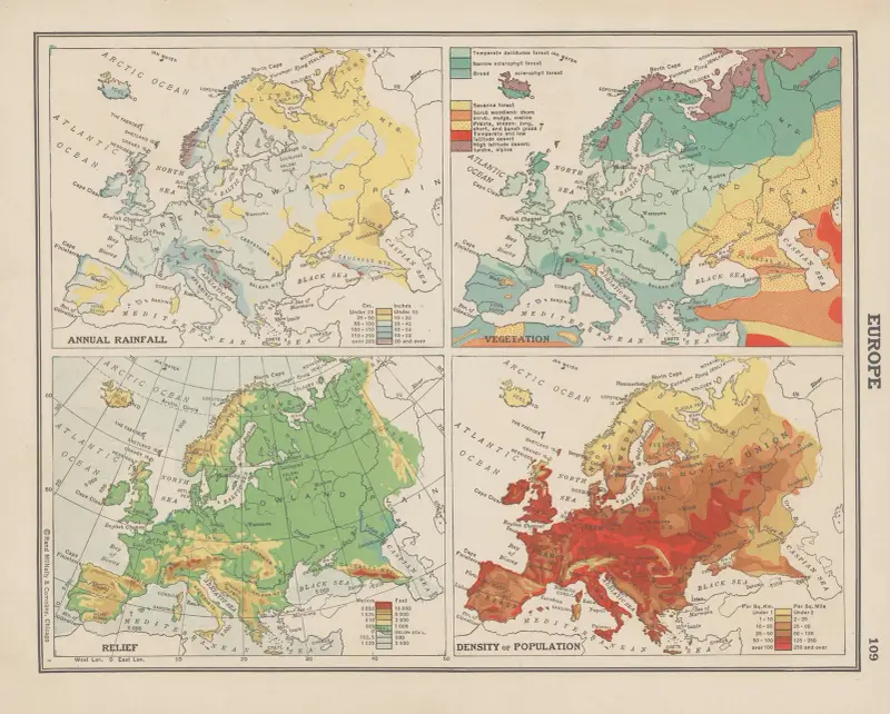 Europa; årlig nederbörd, vegetation, landrelief, befolkningstäthet av John Paul Goode