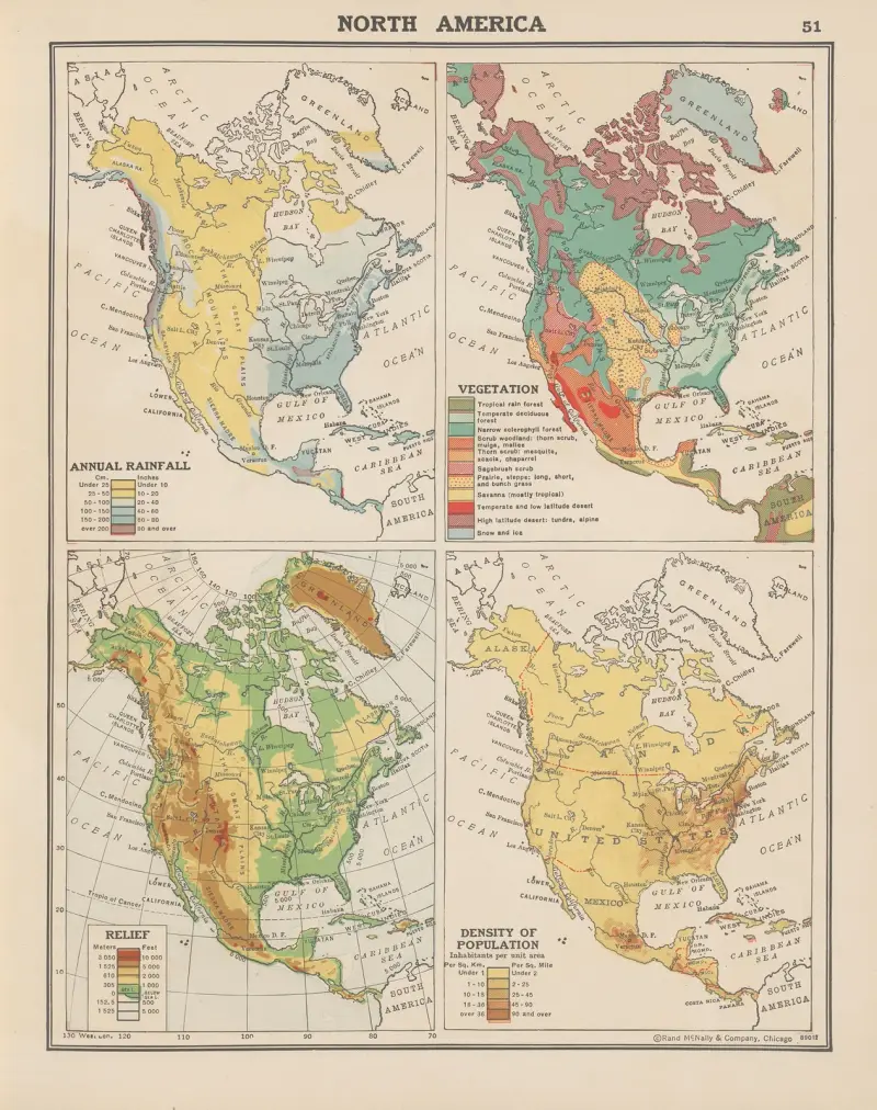 Nordamerika; årlig nederbörd, vegetation, landformer, befolkningstäthet av John Paul Goode