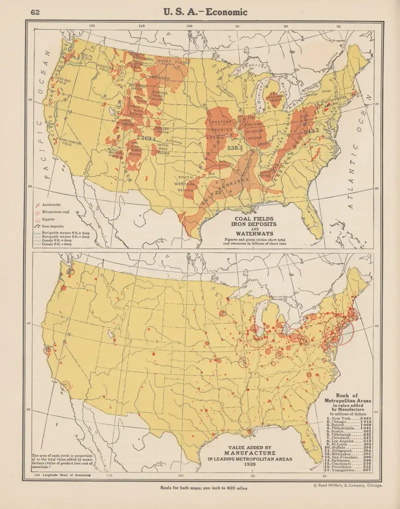 U. S. A.—Economic, Coal Fields, Iron Deposits, Waterways, Value Added by Manufacturing av John Paul Goode