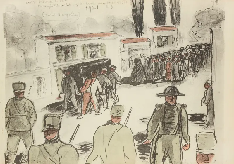 Mellan Florens och Pisa, socialistisk demonstration, sedan fascistisk motdemonstration, 1921 (före Mussolini) av Paul Goute