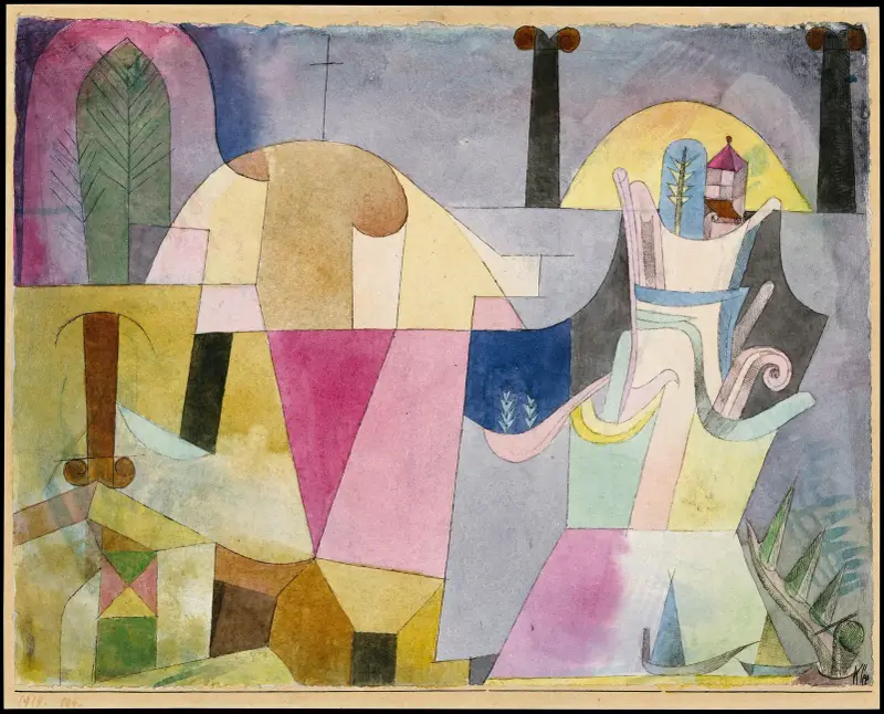 Schwarze Säulen in einer Landschaft von Paul Klee