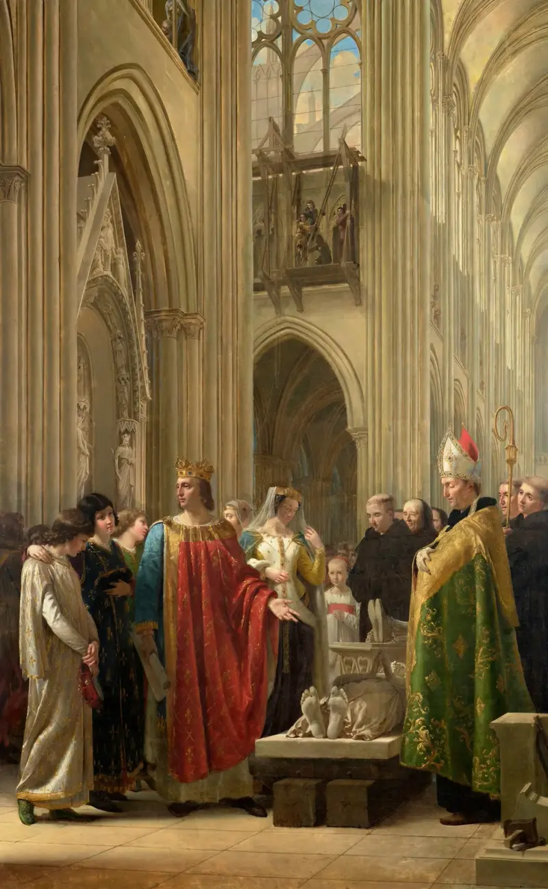 Ludvig den helige låter återställa sina föregångares kungliga gravar i koret i Saint-Denis kyrka, omkring 1231 av Charles-Paul Landon