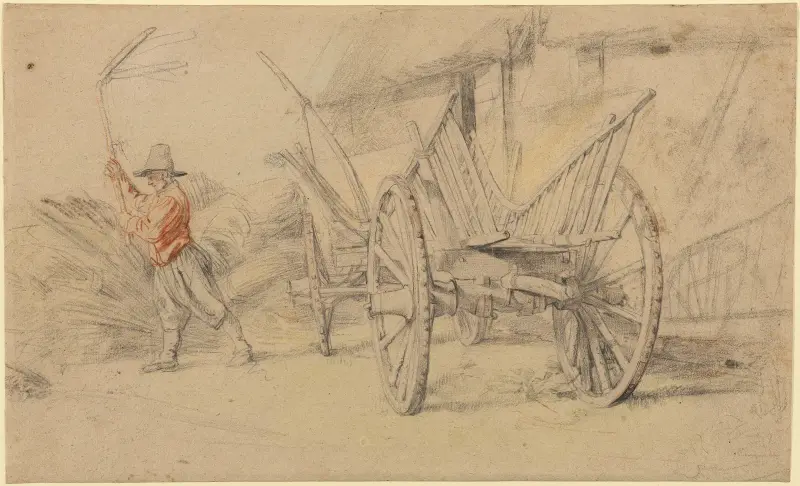 A Man Threshing Beside a Wagon, Farm Buildings Behind av Peter Paul Rubens