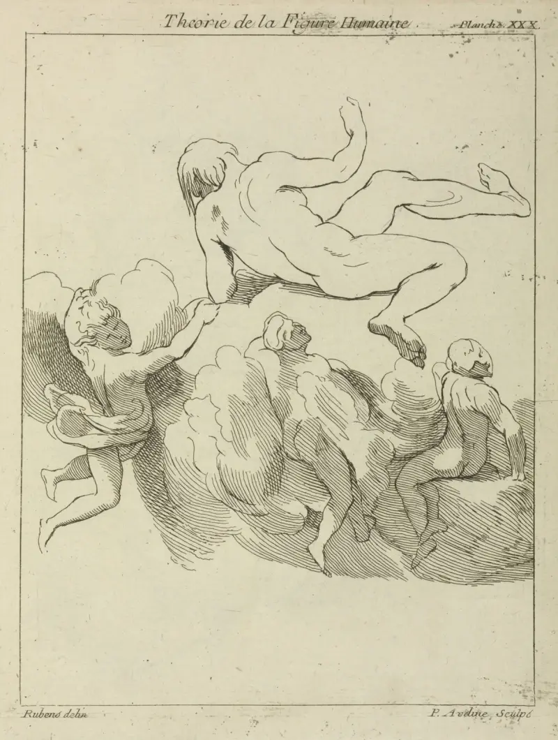 Four figures in floating positions, three amidst clouds av Peter Paul Rubens