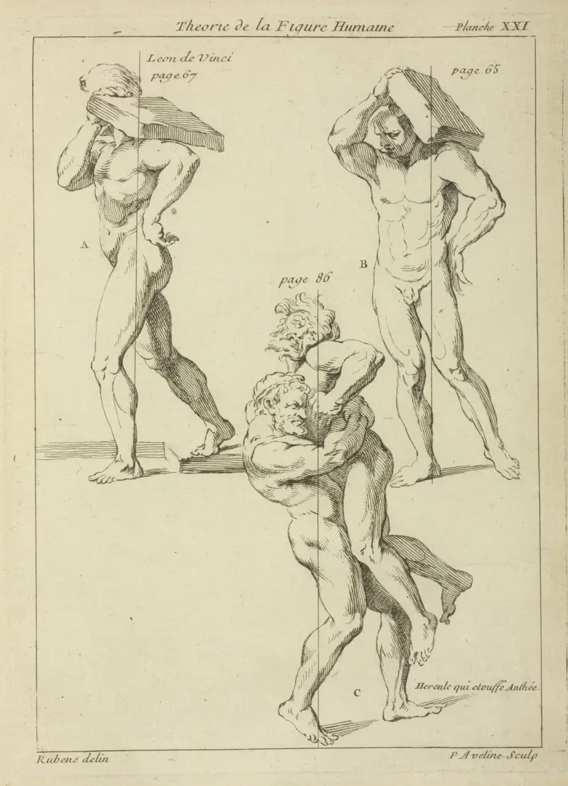 Fyra manliga figurer; två bär stora böcker på axlarna och de andra två brottas av Peter Paul Rubens