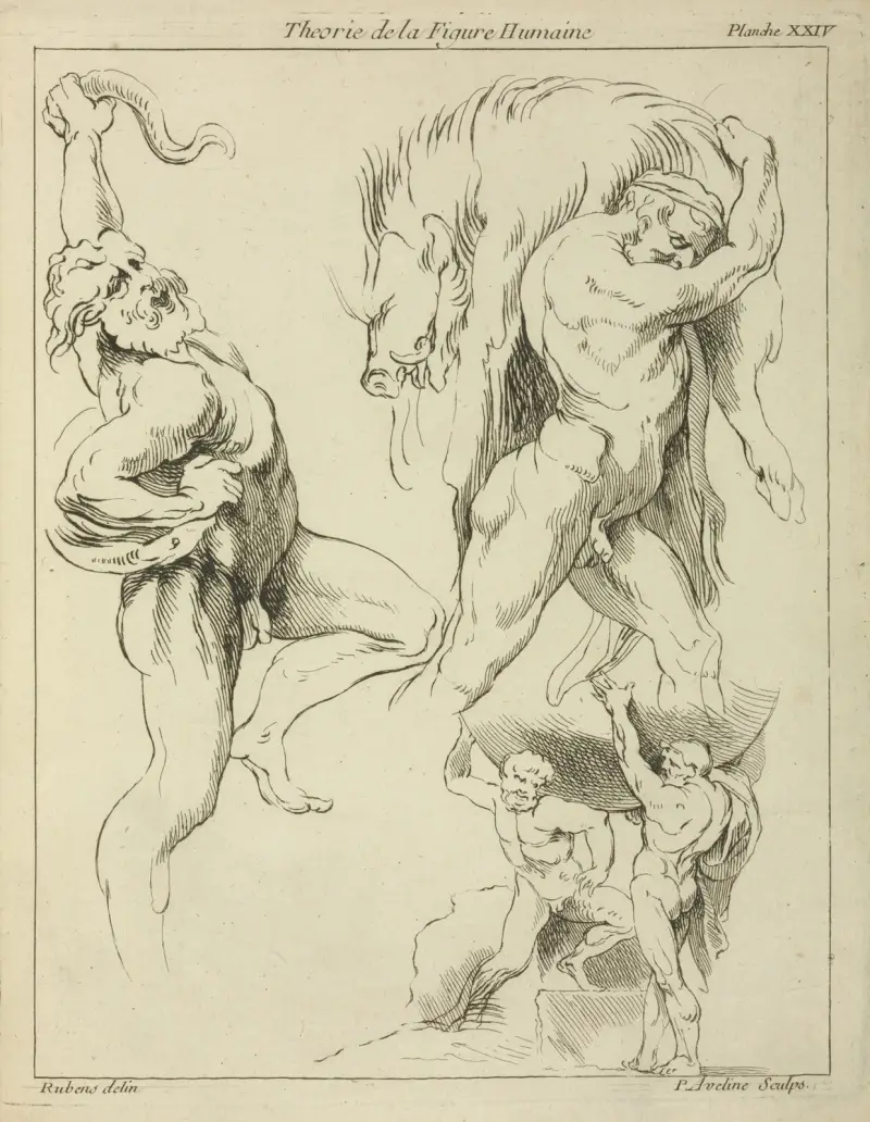 Four studies of figures; one wrestling with a snake, one lifting a dead boar, and two ‘Atlas’ figures lifting a globe av Peter Paul Rubens