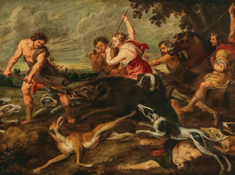Meleager and Atalante hunting the Calydonian boar av Follower of Peter Paul Rubens