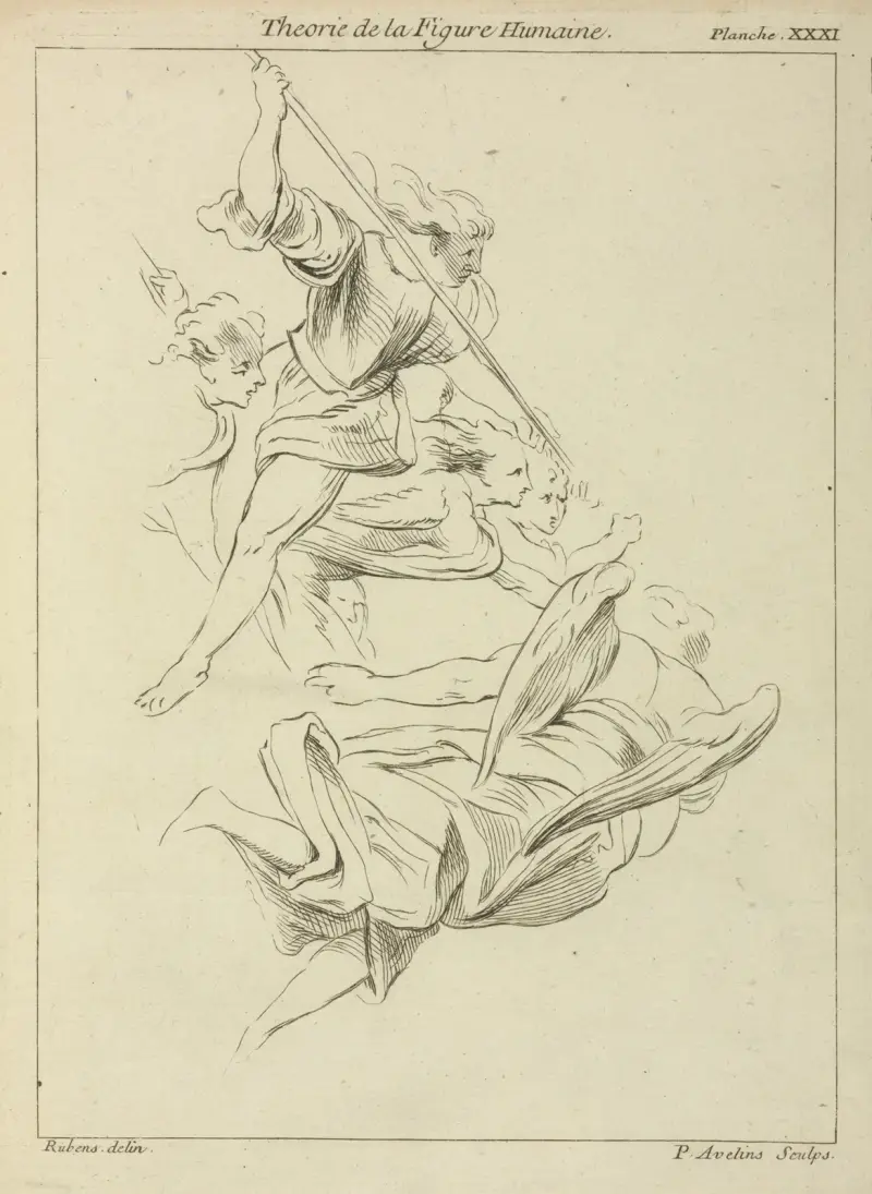 Several winged figures in flight, and a figure with a spear av Peter Paul Rubens