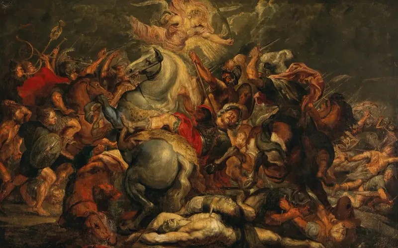 The Death of Decius Mus in a Battle against the Latins av Follower of Peter Paul Rubens