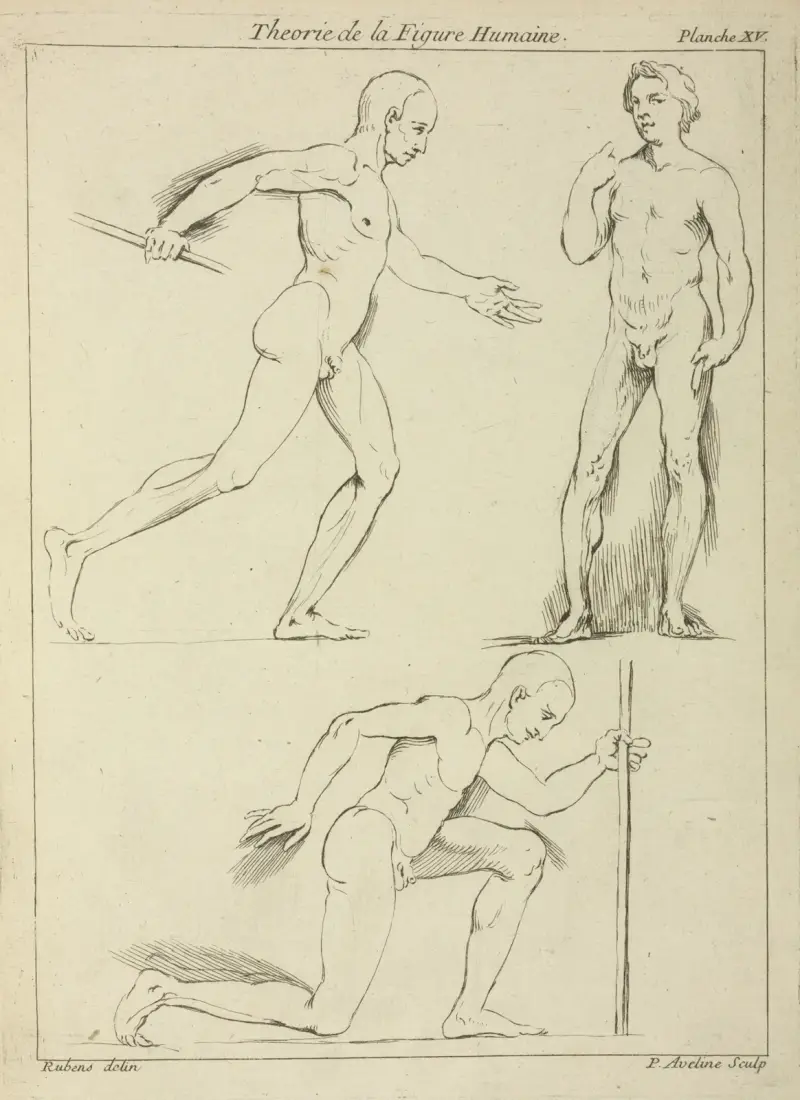 Three male figures, one striding and one kneeling av Peter Paul Rubens