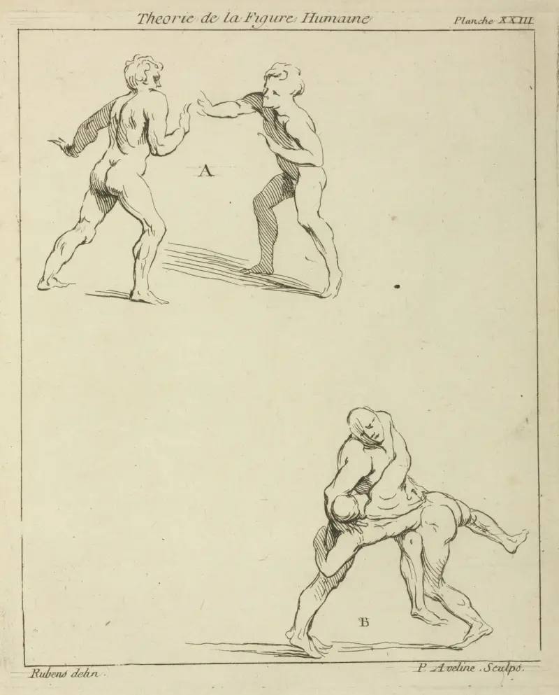 Two pairs of figures; one pair extending right arms toward each other, the other pair wrestling av Peter Paul Rubens