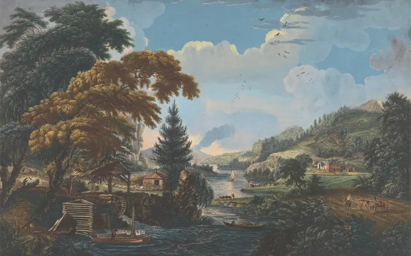En design som visar början och fullbordandet av en amerikansk bosättning eller gård av Paul Sandby