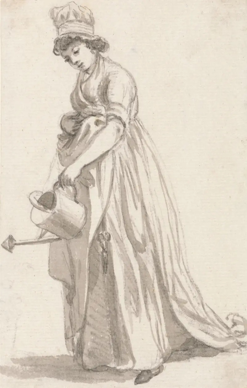A Girl with a Watering Can facing left; Sarah Hough, Mrs. T.P. Sandby’s Nursery Maid av Paul Sandby