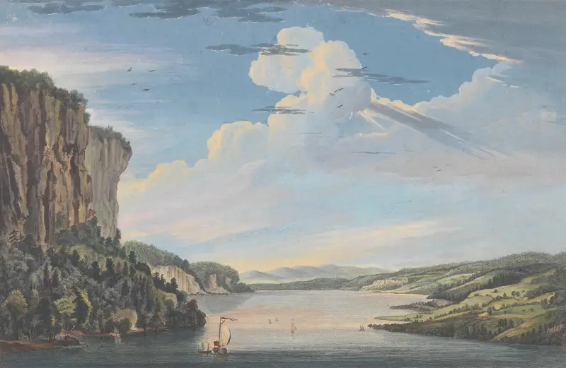 Pohled na Hudsonovu řeku při ústí takzvaného Topanského moře, Paul Sandby
