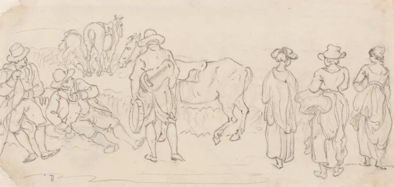 Figure with Lute and Tambourine, with Other Figures; Men Resting, Country Women, Horses, etc. av Paul Sandby