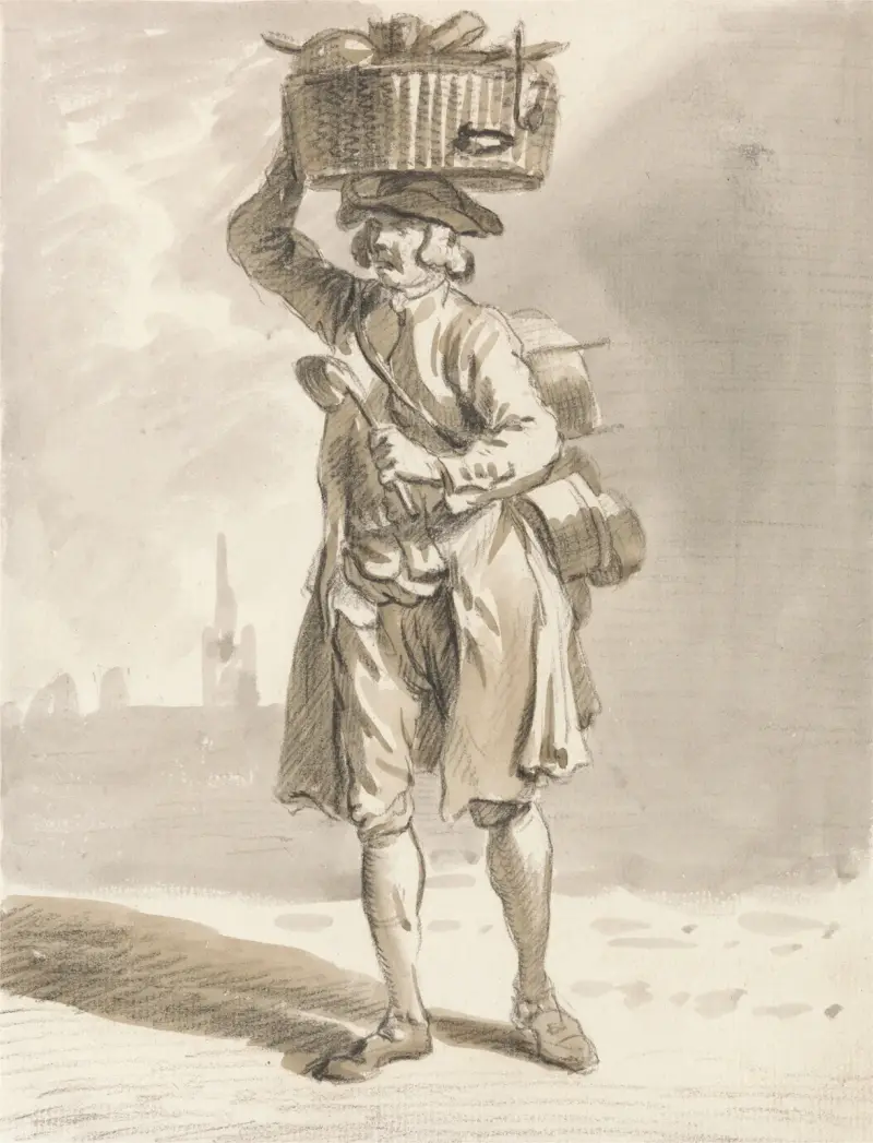 Londonska utrop; En man med en korg (Man som säljer grytor och pannor) av Paul Sandby