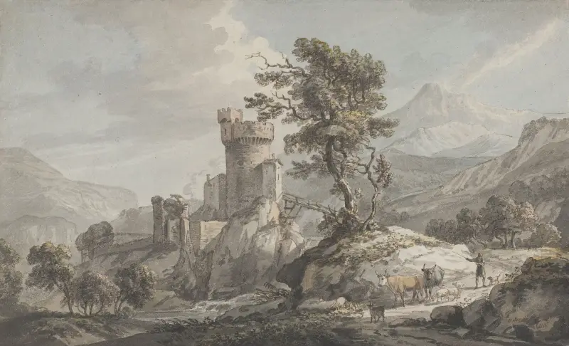 Bergslandskap med fästning av Paul Sandby