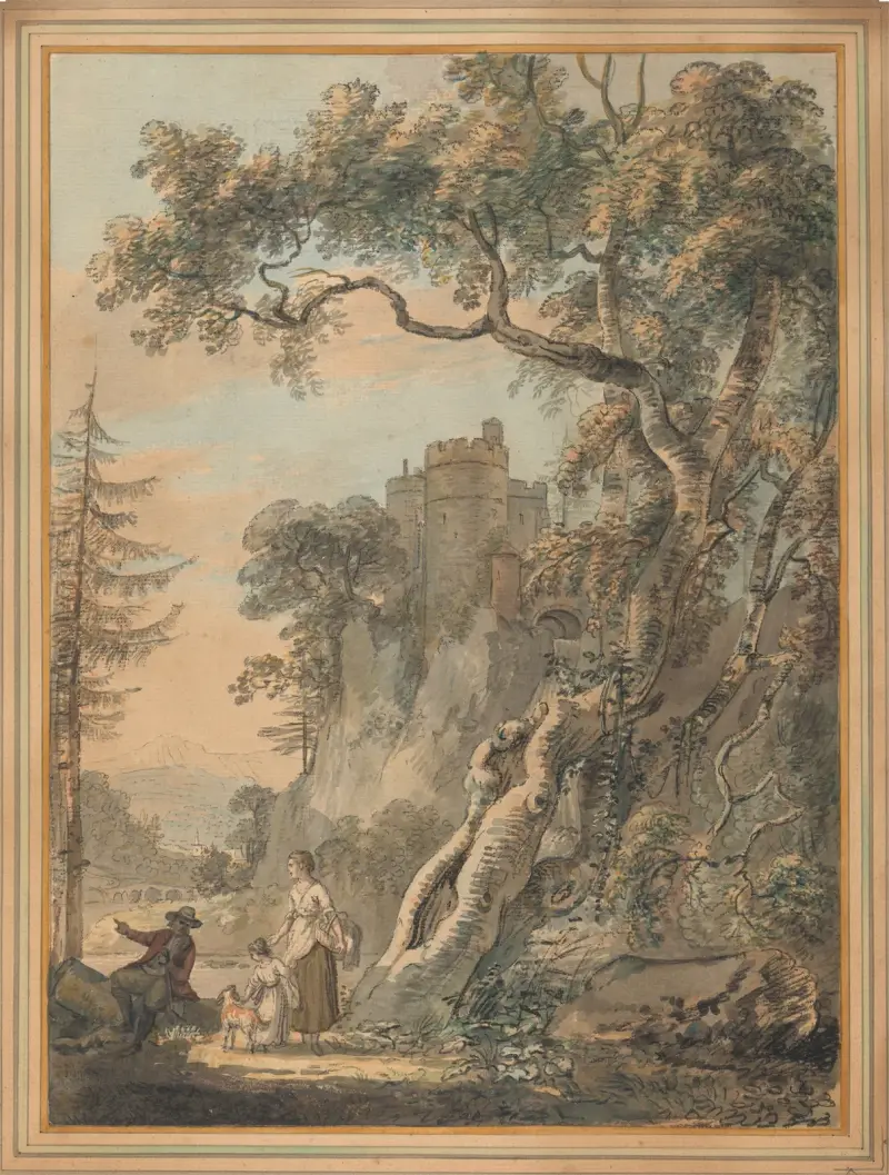 Romantische Landschaft – Bauern am Fuß eines Schlosses auf einer Klippe von Paul Sandby