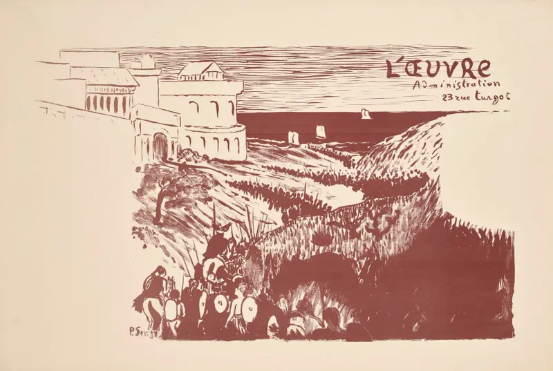 Plakat für Auguste Villeroys Stück Hérakléa am Théâtre de l'Œuvre in der Zeitschrift Revue encyclopédique Larousse von Paul Sérusier