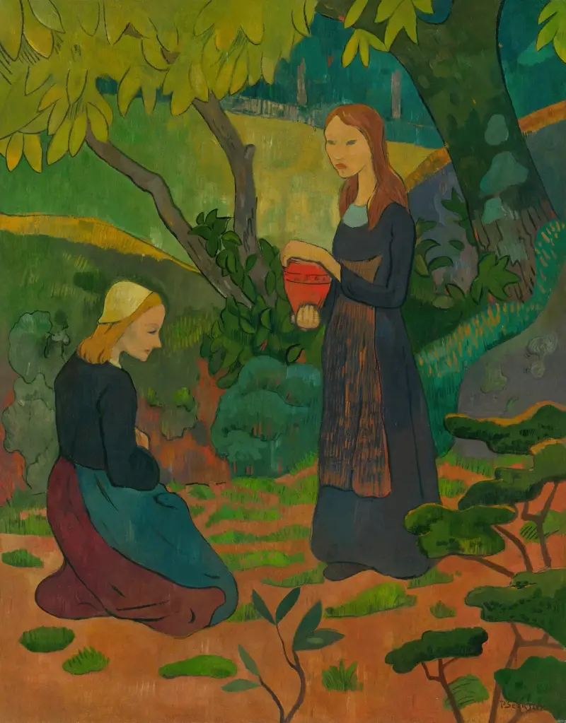 Junge Bretonin mit zinnoberrotem Topf und kniendem Mädchen von Paul Sérusier