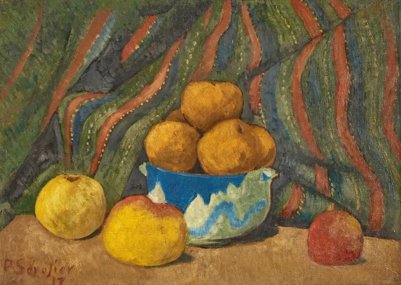 Stilleben mit Äpfeln vor gestreiftem Vorhang von Paul Sérusier