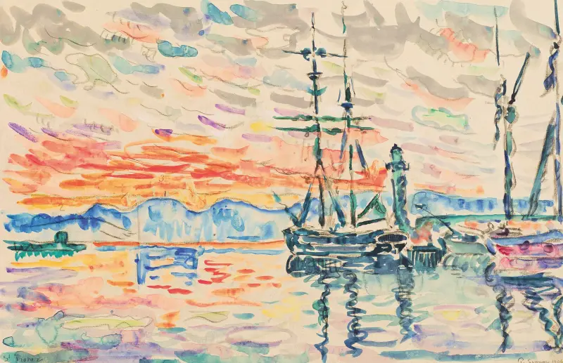 Saint-Tropez, le port au coucher du soleil av Paul Signac