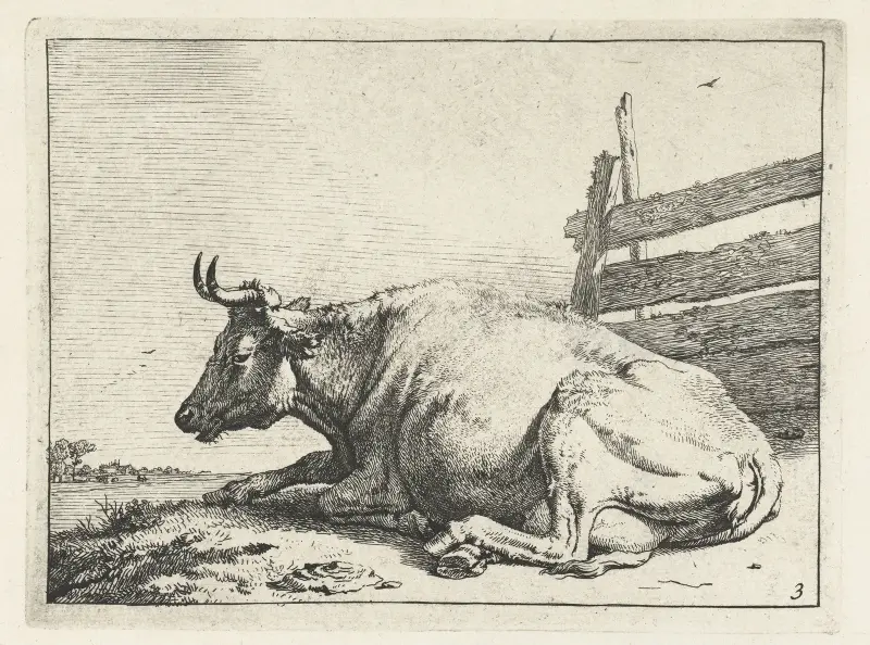 Cow lying near a fence av Paulus Potter