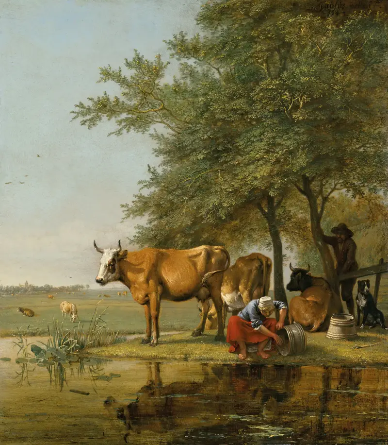 Landskap med boskap och en kvinna som rengör en hink vid en bäck av Paulus Potter