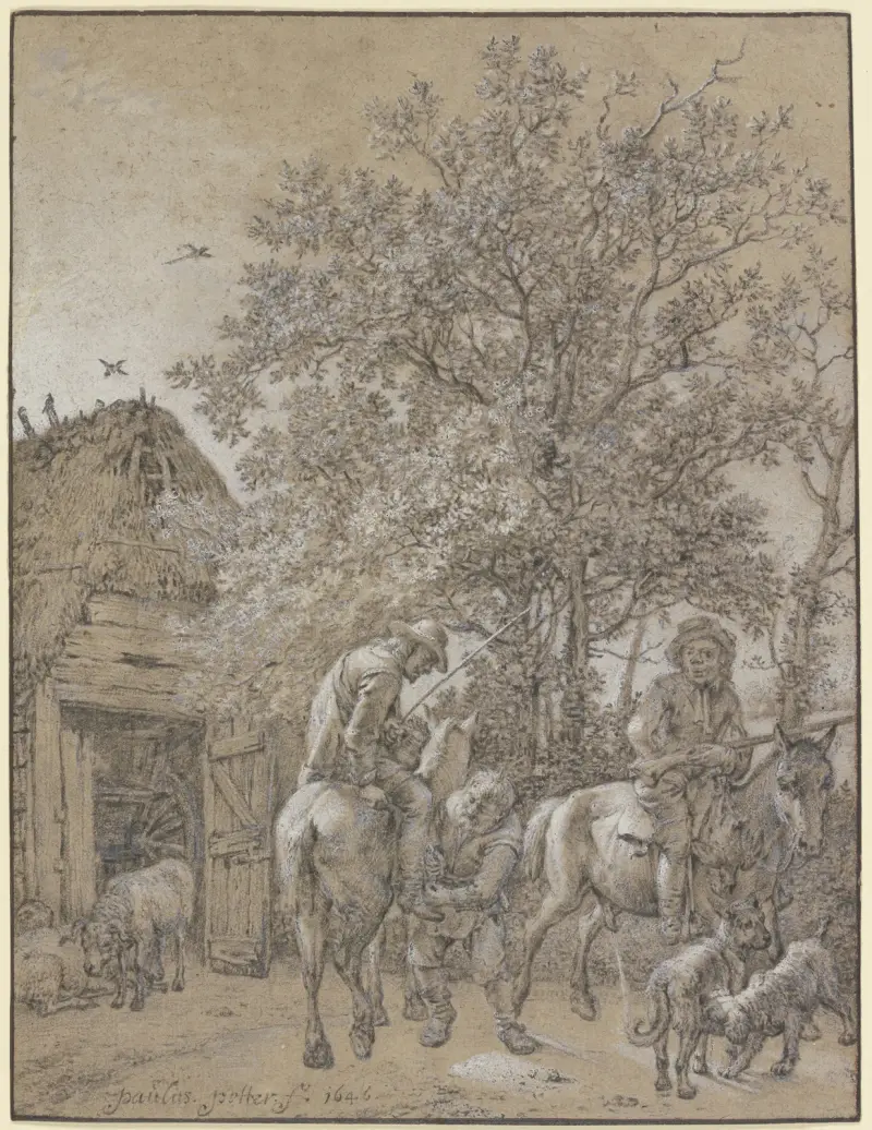 Vor einer Hütte halten zwei Reiter av Paulus Potter