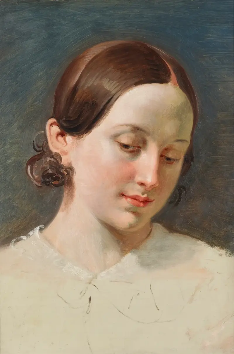 Huvud av flicka med brunt hår (studie till 'Rüdiger och Angelica') av Johann Peter Krafft