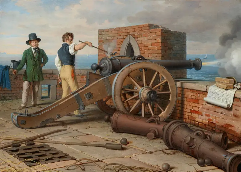 Künstlerfreunde lösen einen Kanonenschuss auf der Festung Michele bei Ostia (Ferdinand Jagemann und Peter Krafft) av Johann Peter Krafft